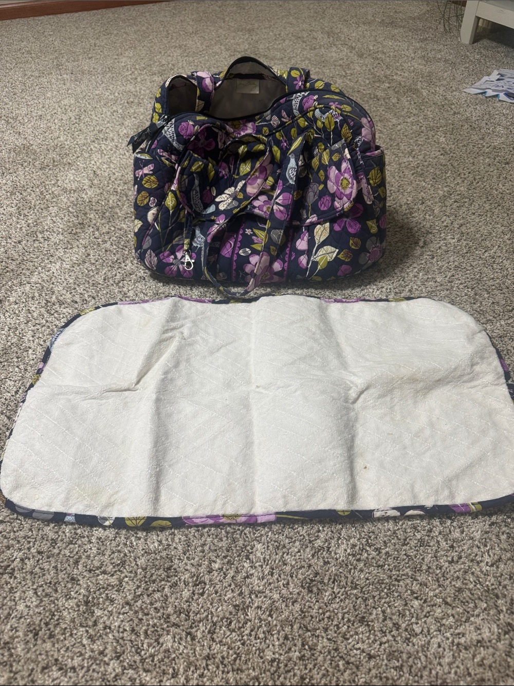 Quilted Floral Diaper Bag Tote in Purple and Navy